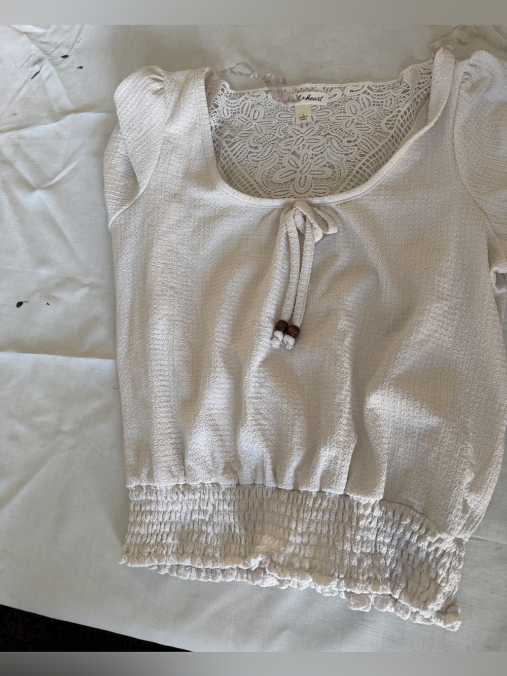 Light Cream Lace-Back Peasant Top with Drawstring